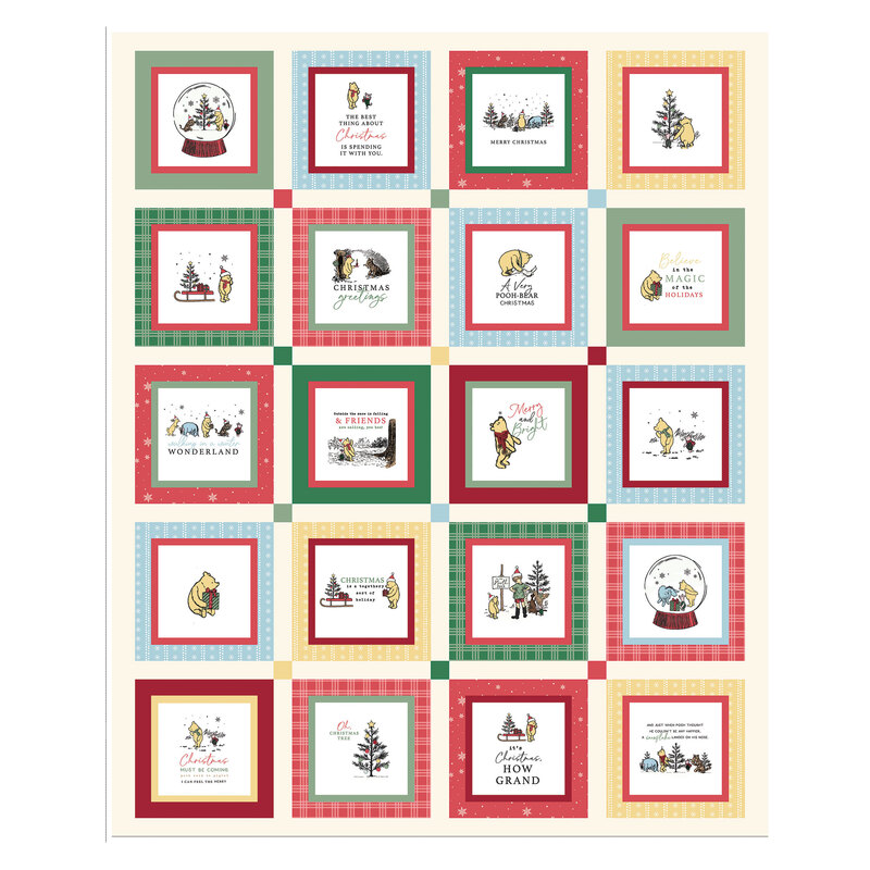 Cream colored panel with a multicolored design of blocks of Winnie the Pooh and friends in a medley of festive scenes.