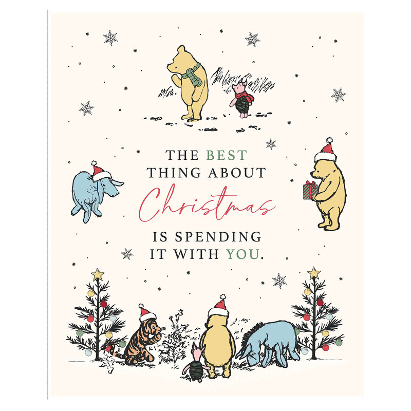 Cream panel fabric with multiple scenes of Winnie the Pooh and friends in scenes with Christmas trees, presents, and black snowflakes.