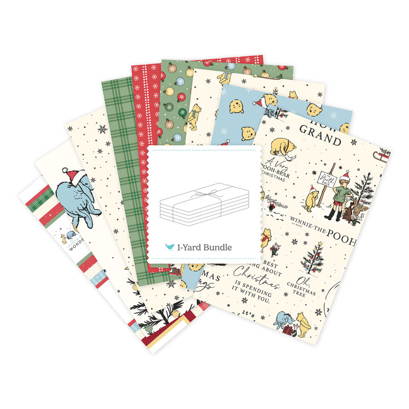 Digital collage of the Cream One Yard Bundle from the Winnie the Pooh Christmas fabric collection.
