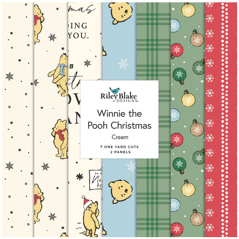 Digital collage of the Cream One Yard Bundle from the Winnie the Pooh Christmas fabric collection.