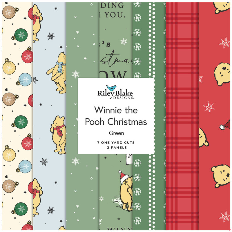 Digital collage of the Green One Yard Bundle from the Winnie the Pooh Christmas fabric collection.