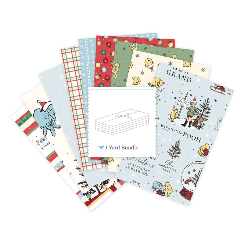 Digital collage of the Powder One Yard Bundle from the Winnie the Pooh Christmas fabric collection.