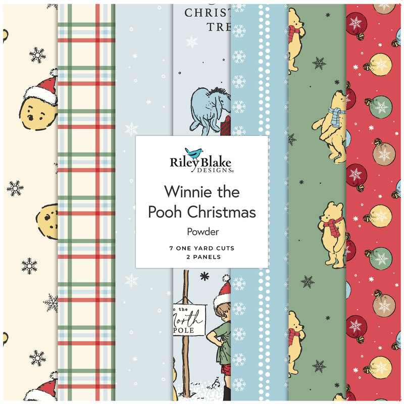 Digital collage of the Powder One Yard Bundle from the Winnie the Pooh Christmas fabric collection.