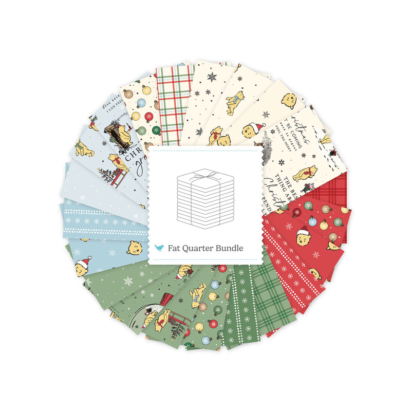 Digital collage of the Fat Quarter Bundle from the Winnie the Pooh Christmas fabric collection.
