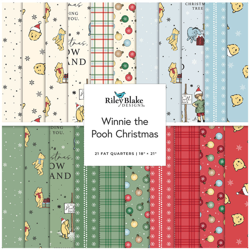Digital collage of the Fat Quarter Bundle from the Winnie the Pooh Christmas fabric collection.