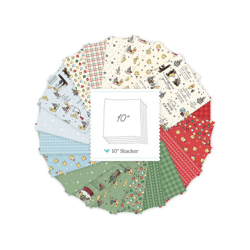 Digital collage of the 10" Stacker Bundle from the Winnie the Pooh Christmas fabric collection.