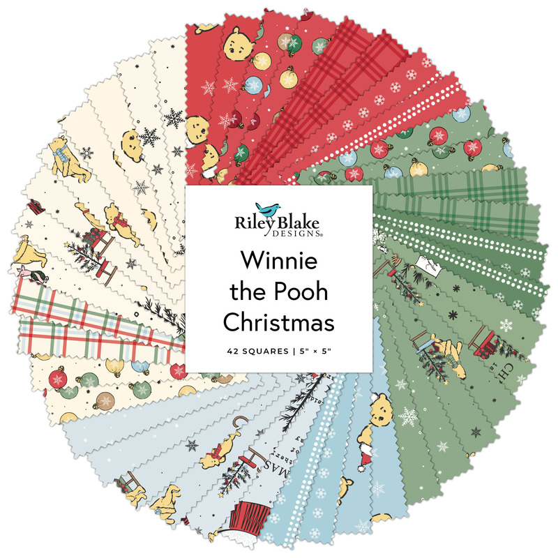 Digital collage of the 5" Stacker Bundle from the Winnie the Pooh Christmas fabric collection.