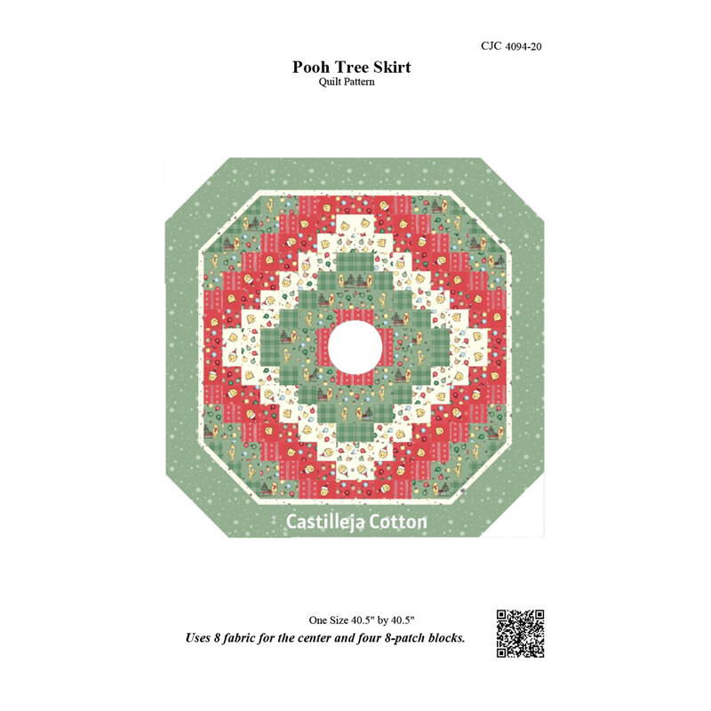 Cover of the Pooh Tree Skirt pattern with the digital mockup of the finished pattern isolated on a white background.