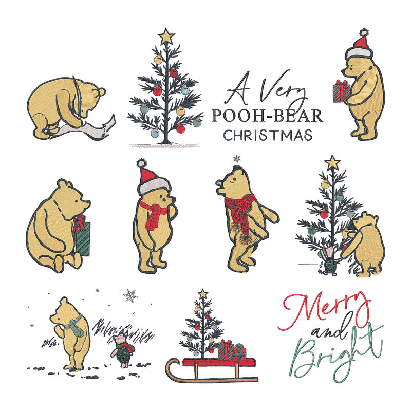 Collage of all Machine Embroidery Winnie the Pooh designs in the USB drive.