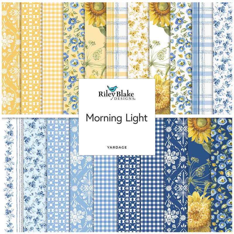Square collage of yellow, blue, and white floral and gingham fabrics from the Morning Light collection