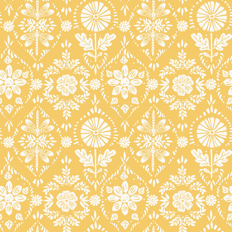 ornamental fabric featuring white stylized sunflowers, leaves, and dragonflies on a sunshine yellow background.