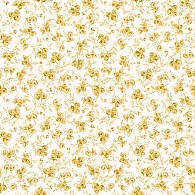 painterly yellow flowers and leafy sprigs tossed on a white background.