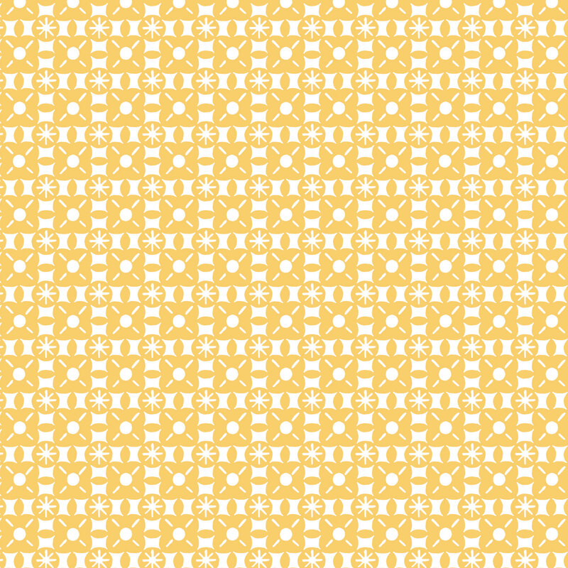sunshine yellow repeating geometric floral motifs on a white background.