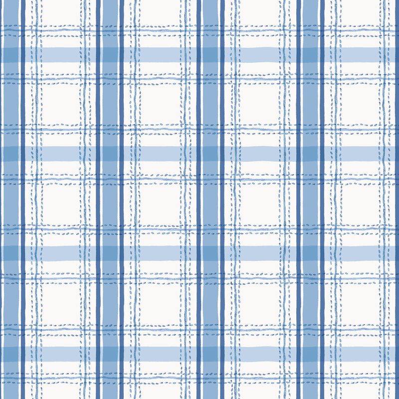 vintage blue plaid with thin blue, stitch-styled lines layered across a white background.