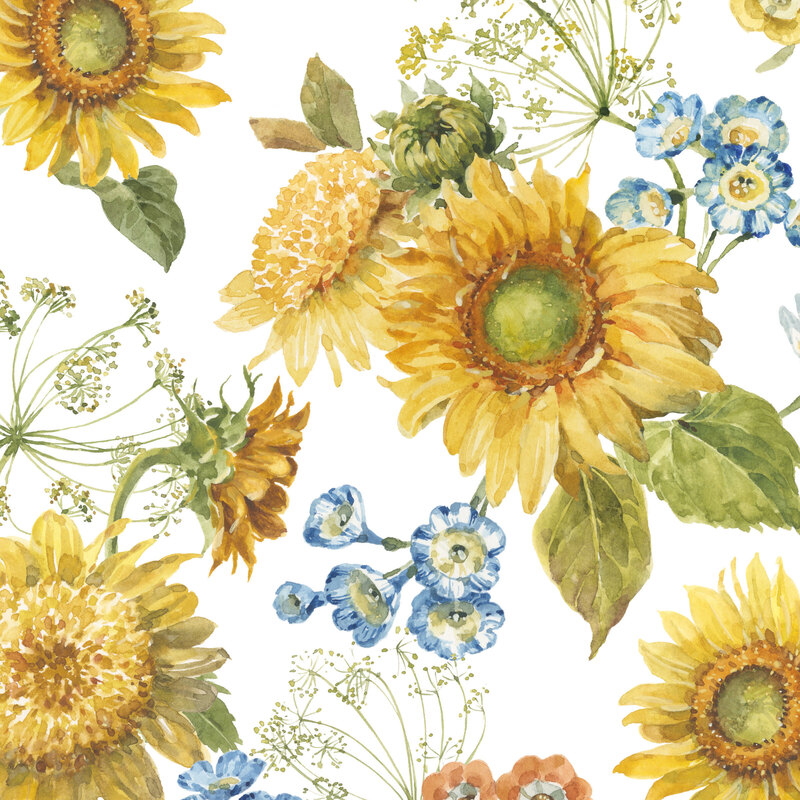 watercolor style sunflowers and blue blossom with green stems and leaves on a crisp white background.
