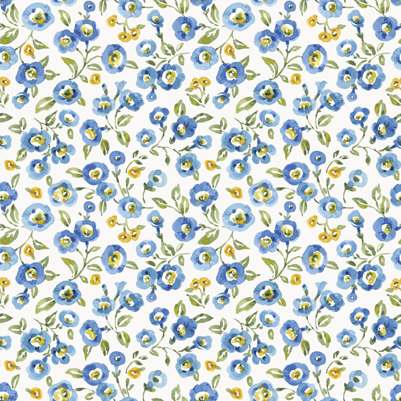 white fabric featuring watercolor-style blue blossoms and tiny golden flowers with green leafy sprigs