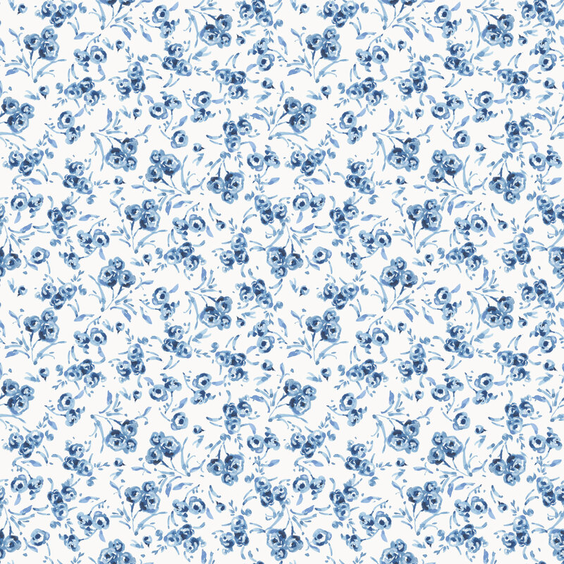 painterly blue flowers and leafy sprigs tossed on a white background.
