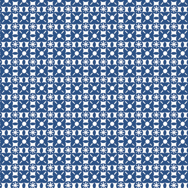 navy blue repeating geometric floral motifs on a white background.