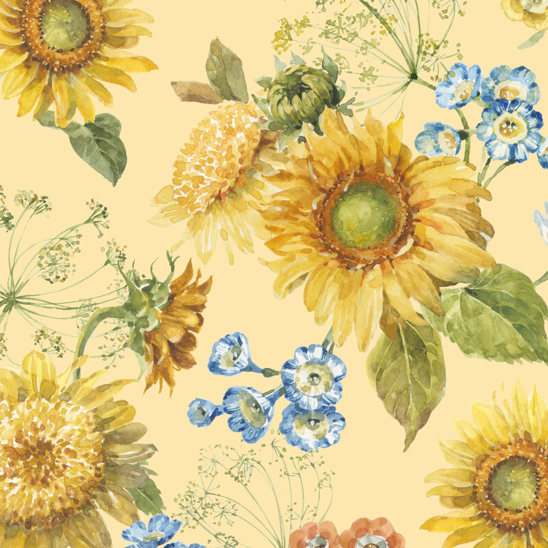 watercolor style sunflowers and blue blossom with green stems and leaves on a pastel yellow background.