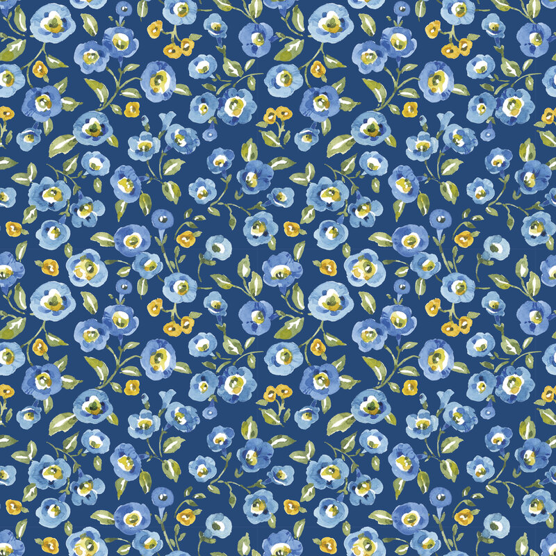 navy blue fabric featuring watercolor-style blue blossoms and tiny golden flowers with green leafy sprigs