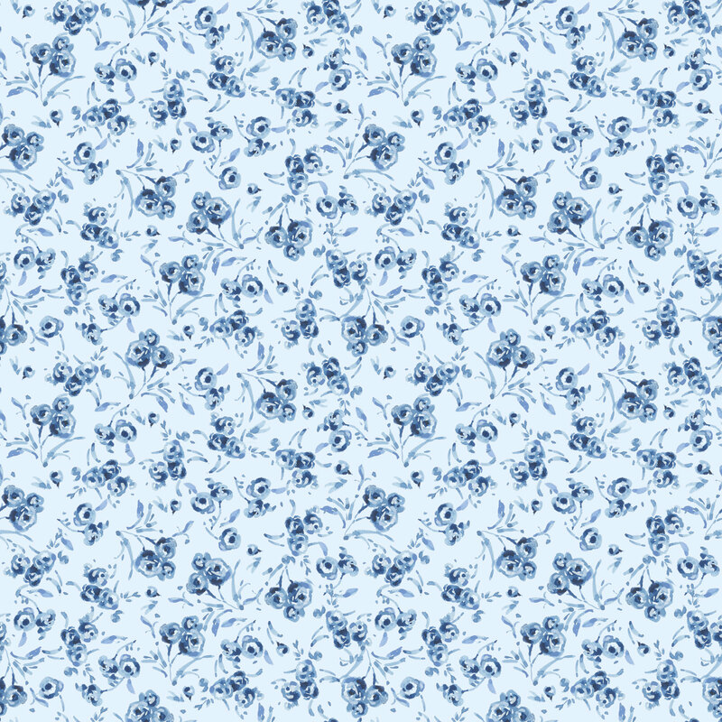 painterly blue flowers and leafy sprigs tossed on an ice blue background.