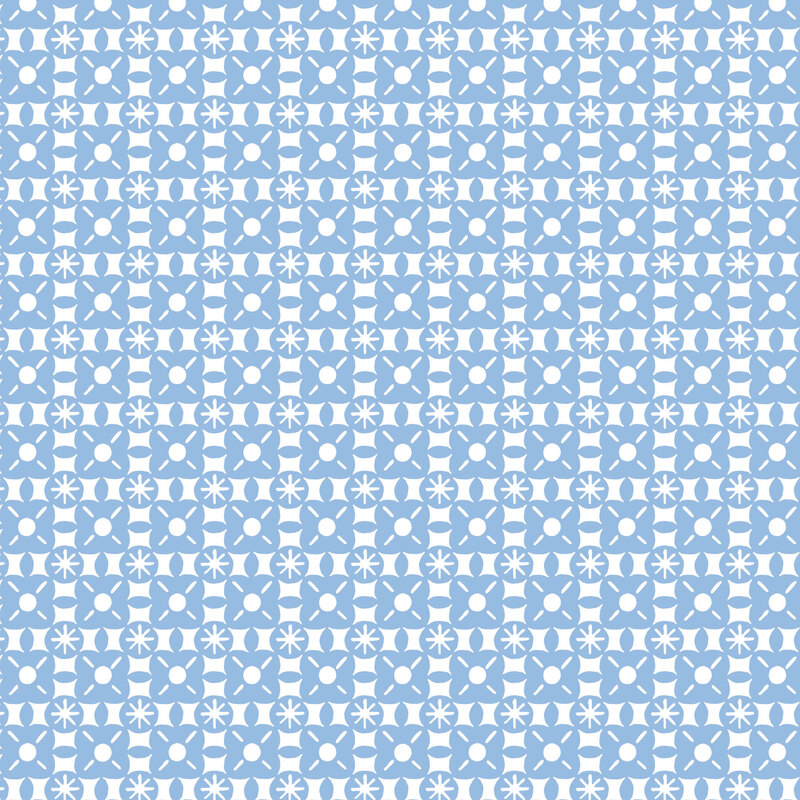 soft blue repeating geometric floral motifs on a white background.