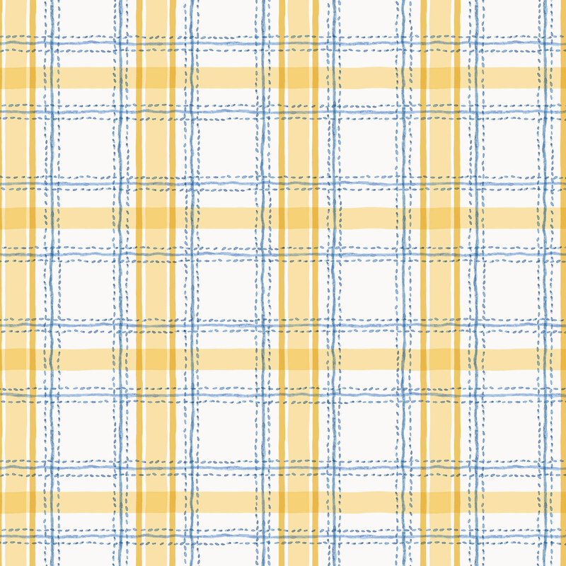 yellow plaid with thin blue, stitch-styled lines layered across a white background.