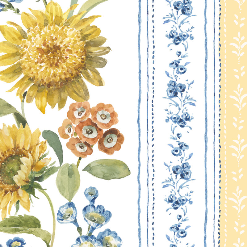 white border fabric featuring a wallpaper design of alternating vertical stripes featuring small blue florals, large sunflowers, dashed lines, and pale yellow bands with white stylized leaves 