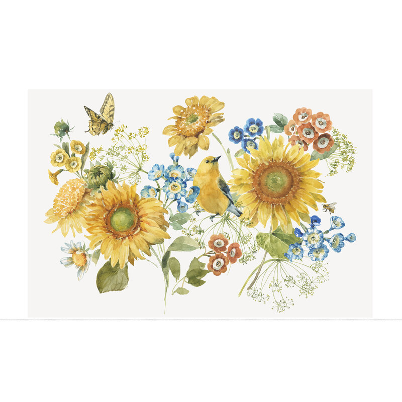white panel fabric featuring a mix of yellow, blue, and dark coral watercolor florals with a butterfly and small yellow bird.