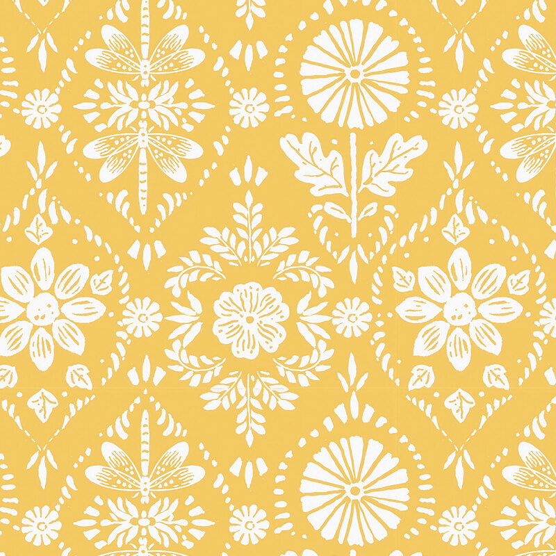 ornamental fabric featuring white stylized sunflowers, leaves, and dragonflies on a sunshine yellow background.