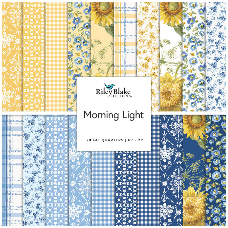 Square collage of watercolor styled floral and gingham plaid fabrics in hues of blue, white, and yellow.