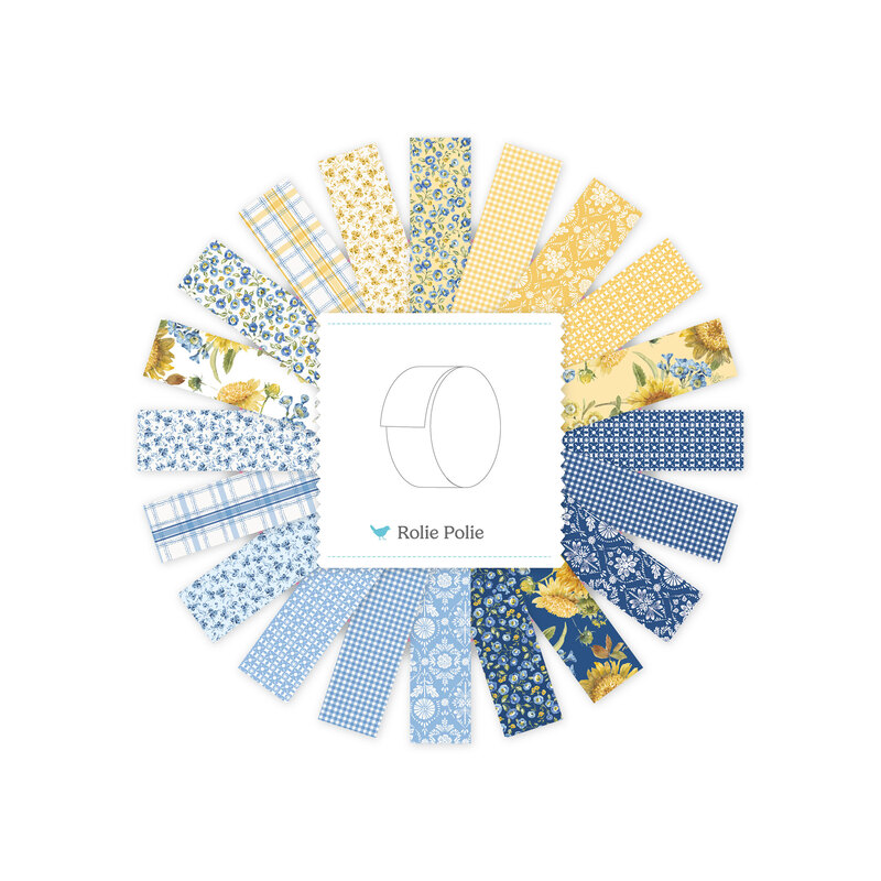 Circular collage of yellow and blue floral and gingham fabric strips from the Morning Light collection with a Rolie Polie label