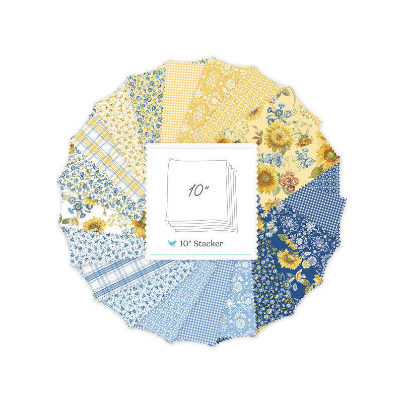 Circular collage of yellow and blue floral and gingham fabrics from the Morning Light collection with a 10" Stacker label