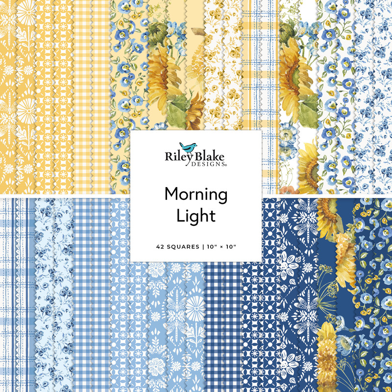 Square collage of watercolor styled floral and gingham plaid fabrics in hues of blue, white, and yellow.