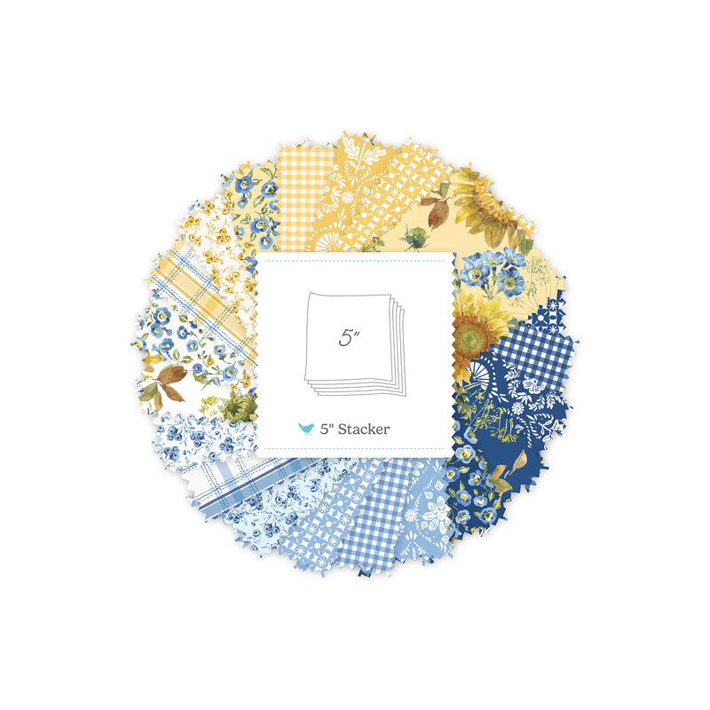 Circular collage of yellow and blue floral and gingham fabrics from the Morning Light collection with a 5" Stacker label