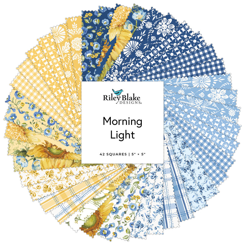 Circular collage of watercolor styled floral and gingham plaid fabrics in hues of blue, white, and yellow.