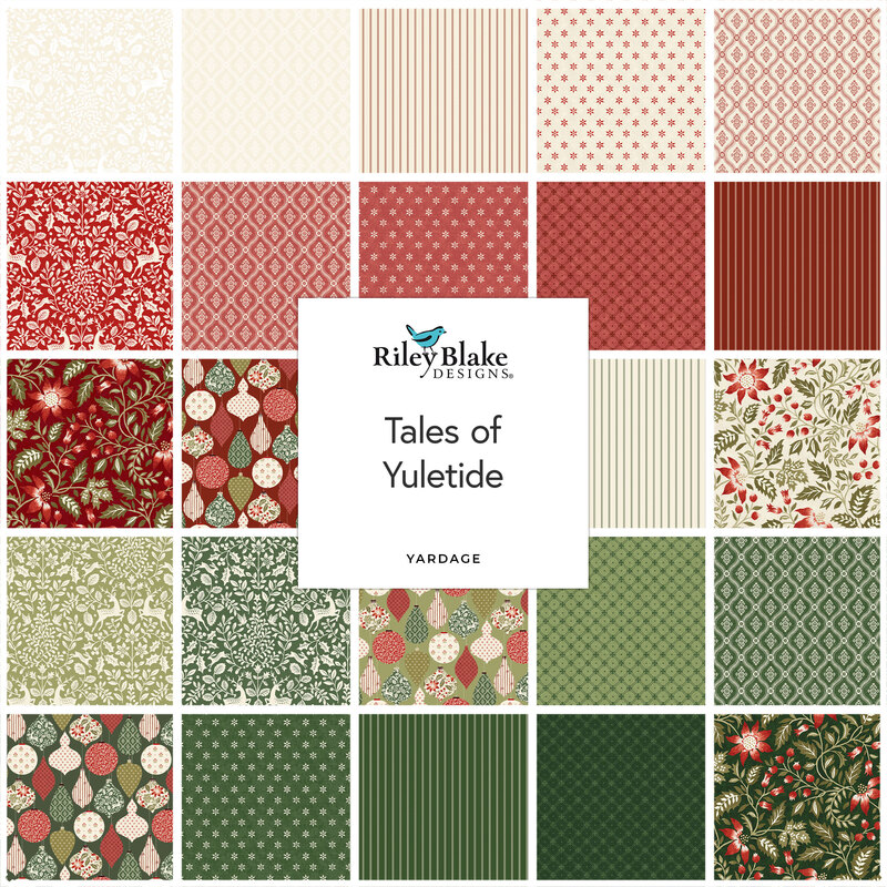 A collage of fabrics featured in the Tales of Yuletide Collection by Laura Ashley for Riley Blake Designs.