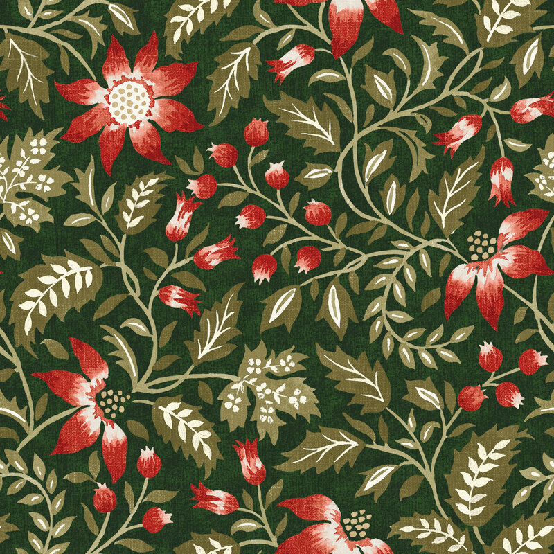 A forest green fabric with red flowers and flowing leaves.