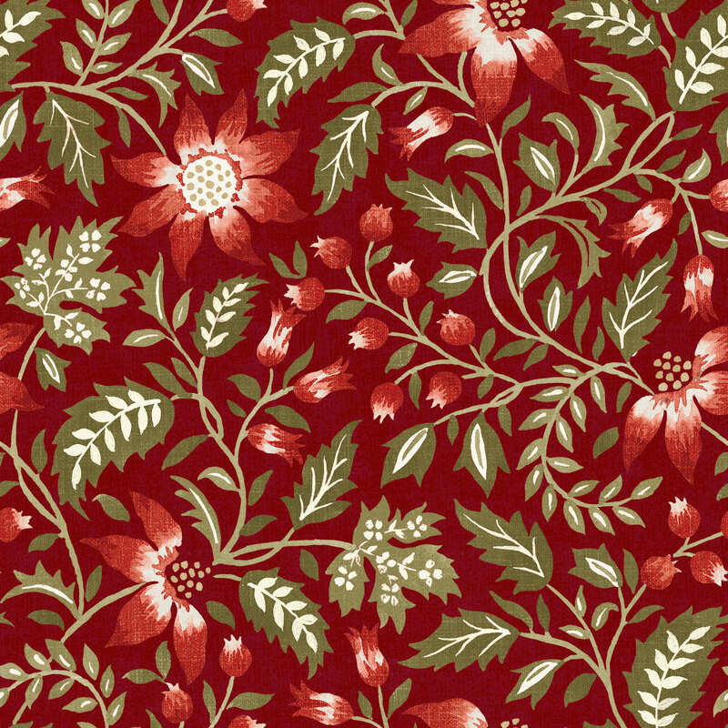 A crimson red fabric with red flowers and green flowing leaves.