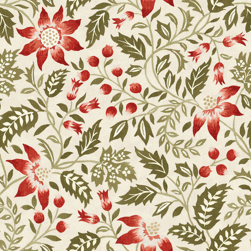 A cream fabric with red flowers and green flowing leaves.