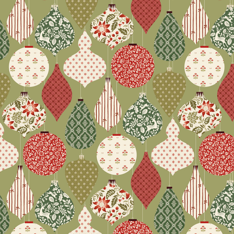 A warm sage green fabric with Christmas ornaments filled with festive florals, deer, stars, and stripes.