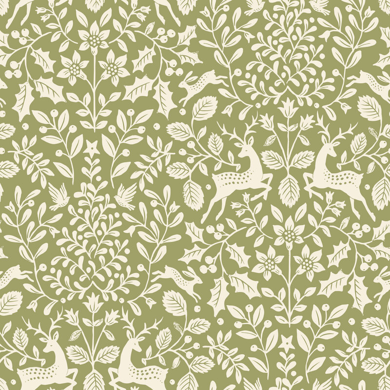 A warm sage green fabric with white deer and birds among holly, flowers, and leafy greenery.