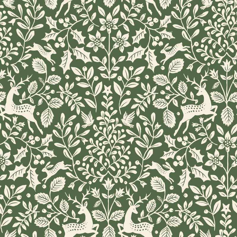 A forest green fabric with white deer and birds among holly, flowers, and leafy greenery.