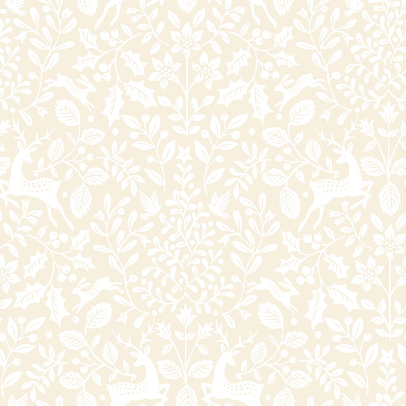 A cream fabric with white deer and birds among holly, flowers, and leafy greenery.