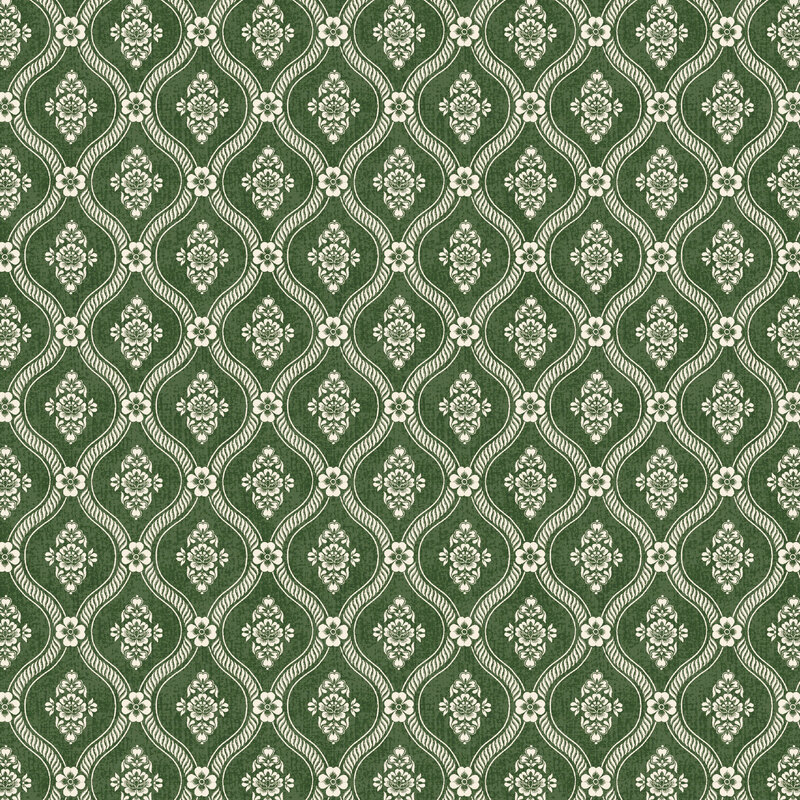 A forest green fabric with white floral medallions framed by repeating ogee shapes.