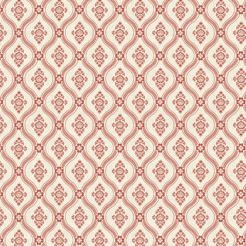 A cream fabric with red floral medallions framed by repeating ogee shapes.