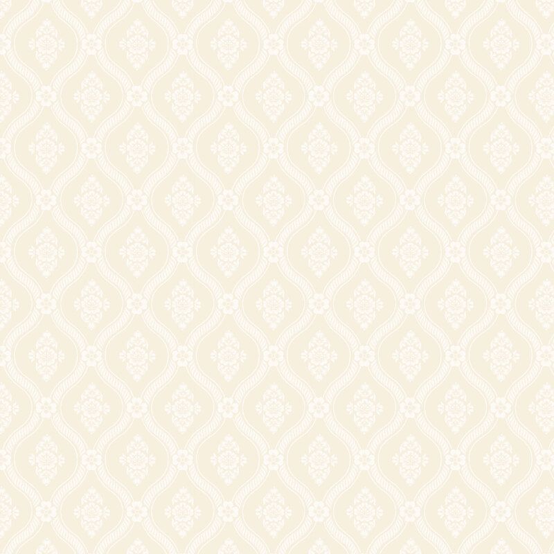 A cream fabric with white floral medallions framed by repeating ogee shapes.