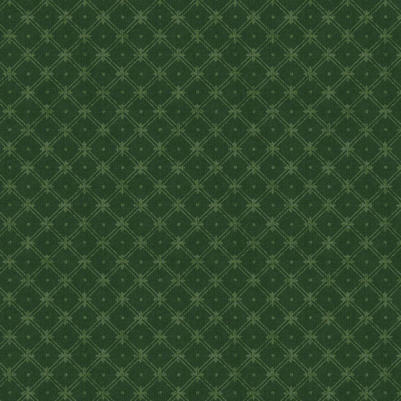 A forest green fabric with a light green lattice and dots.