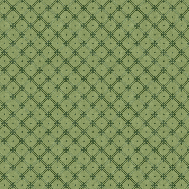 A warm sage fabric with a dark green diamond lattice and small dots.