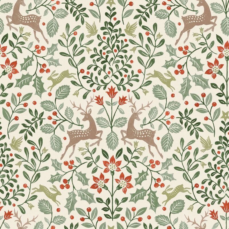 A cream fabric with deer, birds, and rabbits nestled among holly and other foliage.